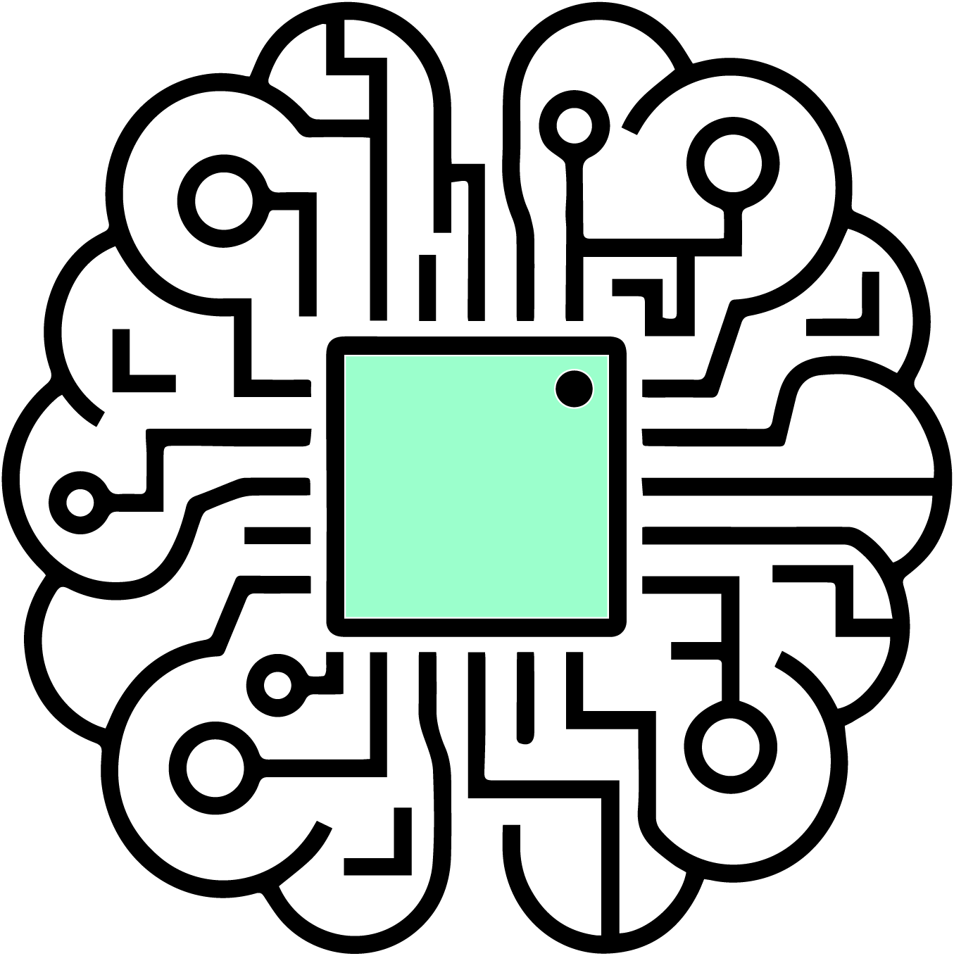 Eine grafische Darstellung eines vernetzten Datenwerks in Form eines menschlichen Gehirns mit einem Mikrochip im Inneren.